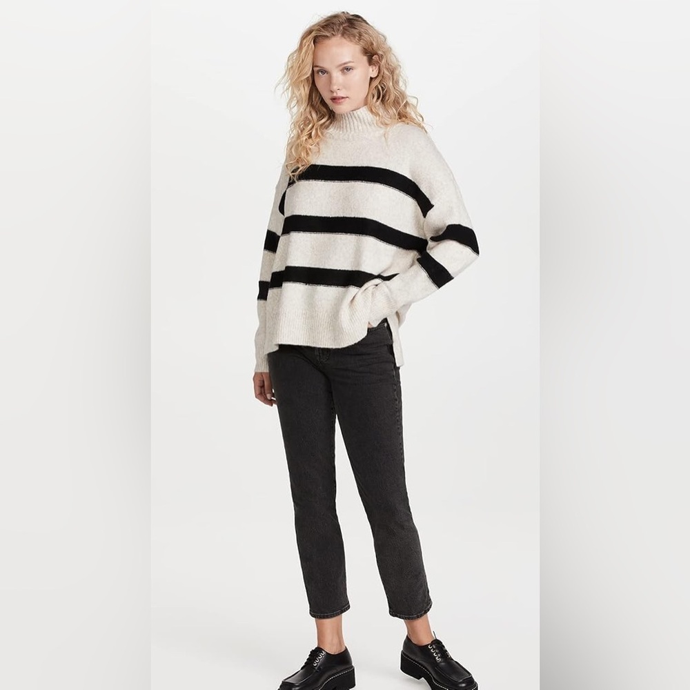 Line & Dot Rosie Striped Mock Neck Sweater Oatmeal Black Size L